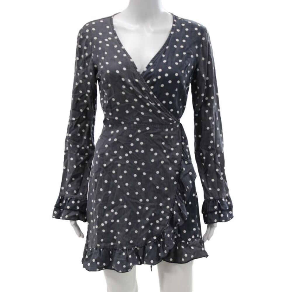 DL1961 Women Gray V-Neck Polka Dot Mini Dress Long Sleeve Size S